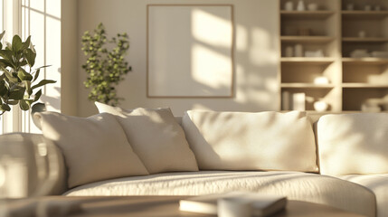 A cozy living room with a sofa, decorated in soft beige colors. The image is a 3D rendering.