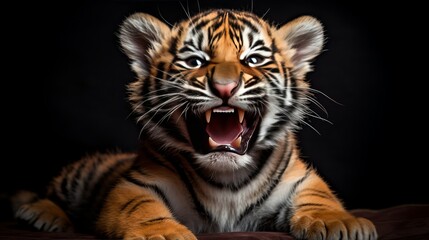 Fototapeta premium Young tiger cub roaring fiercely while lying against a dark background