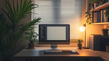 138. Clean desk setup featuring a computer, small potted plant, and minimal decor