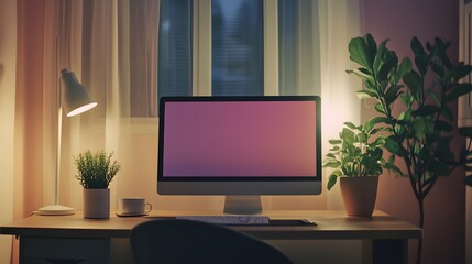 138. Clean desk setup featuring a computer, small potted plant, and minimal decor
