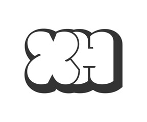 XH logo, bubble comic lettering, rounded in graffiti style black and white silhouette. Trendy preschool X and H letter text for festival party, personal initials, children funky print and web.
