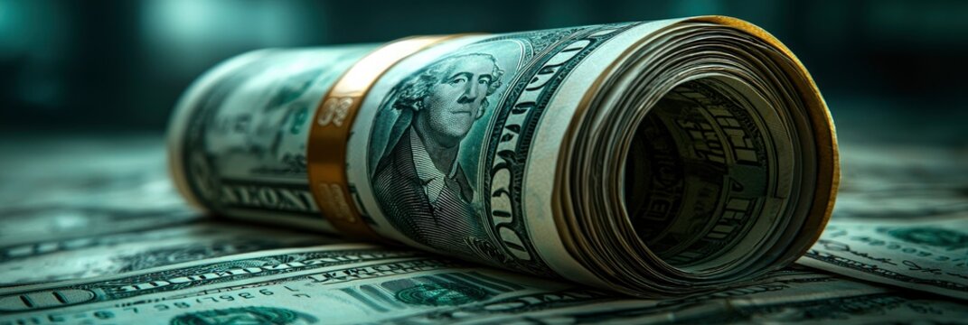 Rolled US Dollar Bills on a Pile of Cash