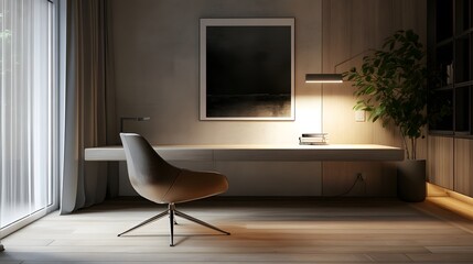 159. Minimalist home office featuring a sleek chair, clean lines, and a modern desk