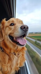 Golden retriever happily enjoying a scenic car ride with its head out of the window