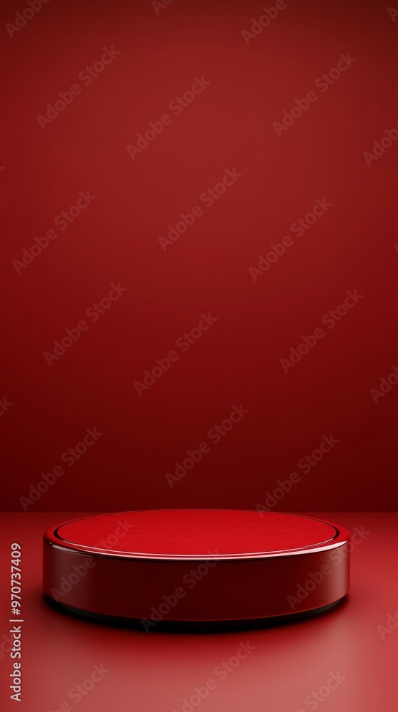 Aufkleber an empty round podium set against a red background offers ample copy space, presenting a minimalisti