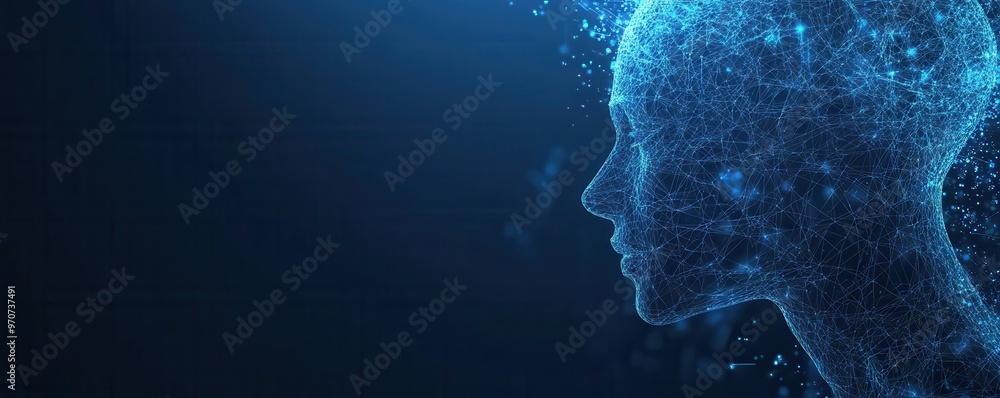 Poster digital network head profile on a blue background with abstract lines representing technology and ar
