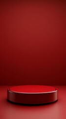 An empty round podium set against a red background offers ample copy space, presenting a minimalistic design suitable for product presentations or display mock-ups