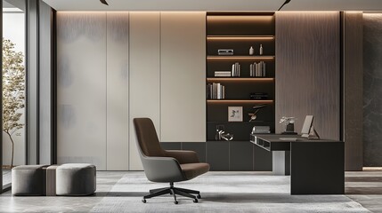 161. Modern home office with a sleek black chair, neutral tones, and minimal furnishings