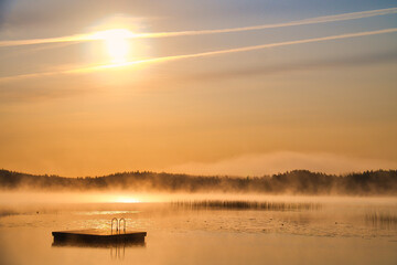 Floating island in the morning in the fog on a Swedish lake. Forest in the background