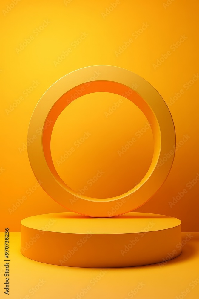Aufkleber A vibrant yellow background highlights an empty podium pedestal topped with a circular ring. This minimal setup features an abstract geometric shape in orange, perfect for product showcases