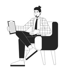 Caucasian man tv host sitting armchair relaxed black and white 2D line character. Television presenter bearded european guy isolated vector outline person. Monochromatic spot illustration