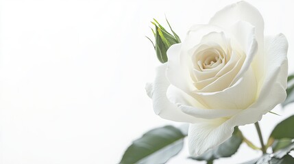 A close-up of an elegant white rose in bloom, isolated on a white background for a simple, timeless look.