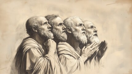 Fototapeta premium Biblical Scene of Elijah’s Ascension: Prophets Watching and Recognizing Elisha as Successor, Beige Background