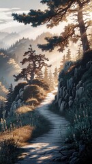 Sunlit mountain path artwork in Chinese brush painting.jpeg