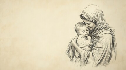 Biblical Scene of The Shunammite Woman: Holding Her Newborn Son in Fulfillment of Elisha’s Prophecy, Beige Background