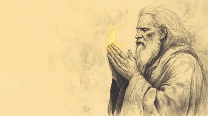 Fototapeta premium The Power of Prayer: Elijah on Mount Carmel Asking God to Send Fire, 1 Kings Biblical Illustration, Bible Wall Art, Beige Background