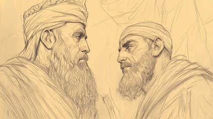 Fototapeta premium 1 Kings Art: Solomon Contemplating the Queen of Sheba’s Visit, Wisdom and Wealth Exchanged, Biblical Illustration on Beige Background for Bible Wall Art