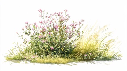 Obraz premium 11. Vector of flower grass or blooming shrub site view isolated on white background, watercolor tree elevation for landscape concept, environment panorama scene, eco design, meadow for spring.