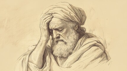 Fototapeta premium 2 Kings Scene: Jeremiah Weeps Over Fall of Jerusalem, Lamenting Exile and Destruction, Biblical Illustration on Beige Background