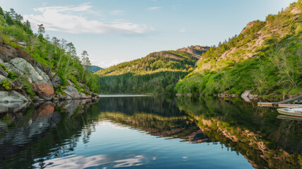 A serene nature landscape of a calm lake surrounded by lush green forests and rocky terrain. The sky is clear with a few clouds. The reflection of the surrounding nature can be seen on the surface