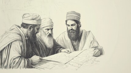 Biblical Scene of Solomon’s Administration: Planning Kingdom Affairs with Reports and Maps, Beige Background