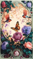 Painted Lady Butterfly and Crimson Roses A hyper-realistic, Art Nouveau-style depiction of a serene spring garden.jpeg