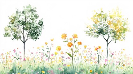 Fototapeta premium 15. Vector of flower grass or blooming shrub site view isolated on white background, watercolor tree elevation for landscape concept, environment panorama scene, eco design, meadow for spring.