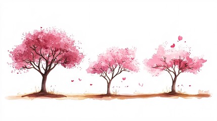 17. Vector watercolor blooming flower tree side view isolated on white background for landscape and architecture drawing, elements for environment or and garden, Sakura trees for section. Detailed