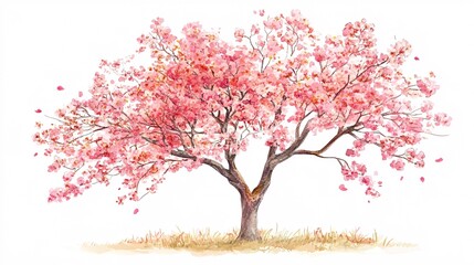 Fototapeta premium 18. Vector watercolor blooming flower tree side view isolated on white background for landscape and architecture drawing, elements for environment or and garden, Sakura trees for section. Artistic