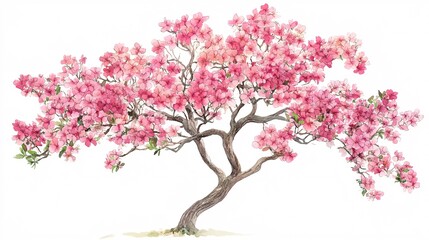 Fototapeta premium 18. Vector watercolor blooming flower tree side view isolated on white background for landscape and architecture drawing, elements for environment or and garden, Sakura trees for section. Artistic