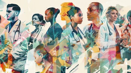 Collage of healthcare workers in hospitals and community centers united in care. Concept Healthcare Workers
