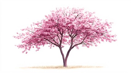 Fototapeta premium 20. Vector watercolor blooming flower tree side view isolated on white background for landscape and architecture drawing, elements for environment or and garden, Sakura trees for section. Elegant