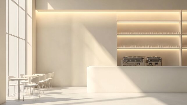 21. Isometric room minimal cafe store open inside interior architecture 3d rendering. Modern minimalistic cafe interior with sleek furniture and open layout.