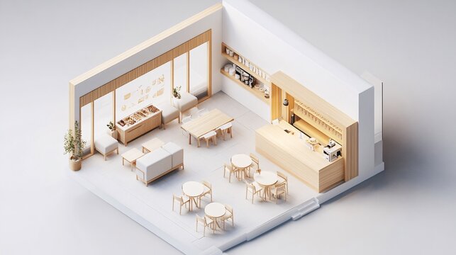 21. Isometric room minimal cafe store open inside interior architecture 3d rendering. Modern minimalistic cafe interior with sleek furniture and open layout.