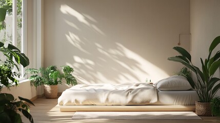 27. Isometric view bedroom muji style open inside interior architecture, 3d rendering digital art. Clean and organized space featuring a low-profile bed, neutral color palette, and green plants.