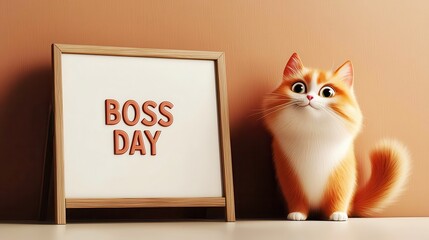 Cat boss standing by an office whiteboard with Happy Boss Day text, 3D illustration