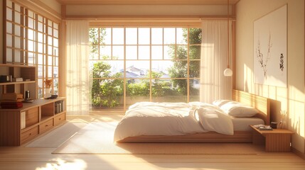 30. Isometric view bedroom muji style open inside interior architecture, 3d rendering digital art. Spacious bedroom with minimalist decor, soft textures, and a calming, uncluttered environment.