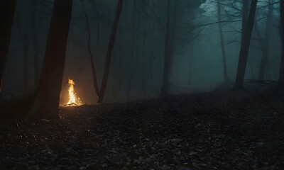 Bonfire burning in dark forest with fog at twilight