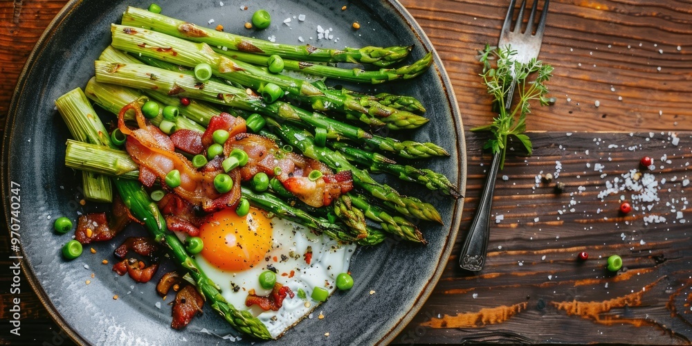 Poster grilled asparagus with bacon and egg sauce on a plate top view with room for text