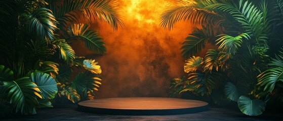 The design features an empty podium encircled by lush tropical leaves, set against a rich orange background, ideal for showcasing products in a modern mockup
