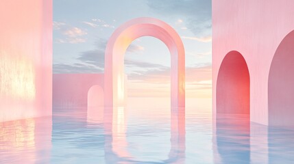 37. 3d Render, Abstract Surreal pastel landscape background with architecture and geometric, beautiful gradient sky scene, lake with calm water, minimal concept. Surreal scene featuring abstract