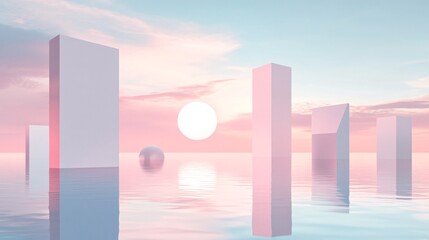 39. 3d Render, Abstract Surreal pastel landscape background with architecture and geometric, beautiful gradient sky scene, lake with calm water, minimal concept. Pastel-toned architectural elements