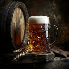 Huge beer mug on old wooden crate with vintage beer barrel on background, dark still life