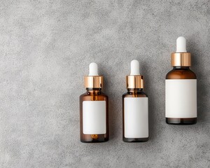Minimalist flatlay of skincare bottles and droppers on a textured grey background, simple and clean design, top view