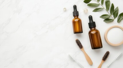 Obraz premium Minimalist flatlay of serum bottles and beauty tools on a white marble surface, top view, clean composition
