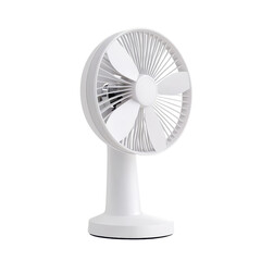 A sleek and modern white desk fan providing a refreshing breeze for any indoor space, perfect for hot days or during work.