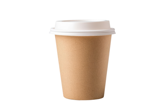 A simple brown paper coffee cup with a white lid, perfect for takeaway beverages. Ideal for branding and marketing projects.