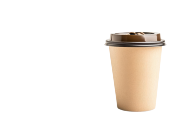 A stylish, disposable coffee cup with a brown lid, perfect for hot beverages. Ideal for coffee lovers and cafe-themed imagery.