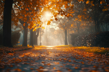 Autumn forest in the morning. The trees are adorned with leaves in shades of fiery red, golden yellow, and deep orange, creating a tapestry of warm hues.