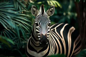 A zebra peeks through lush greenery, showcasing its striking black and white stripes.